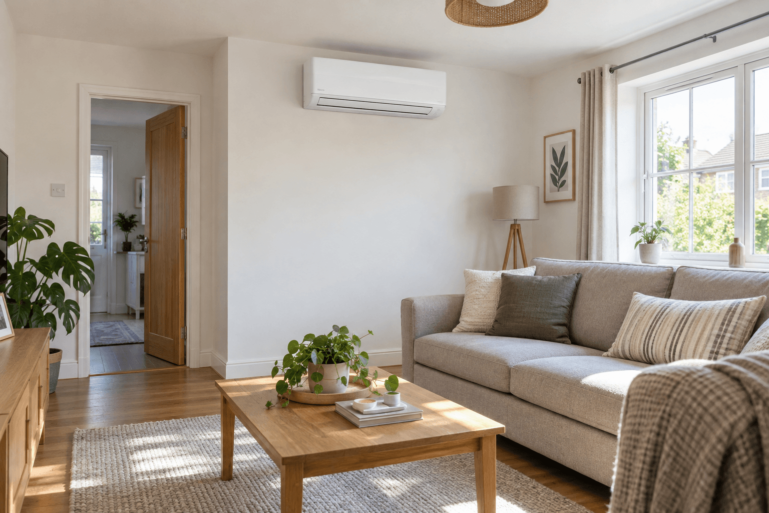 Wall-mounted split air-conditioning unit in a bright living room with a large window