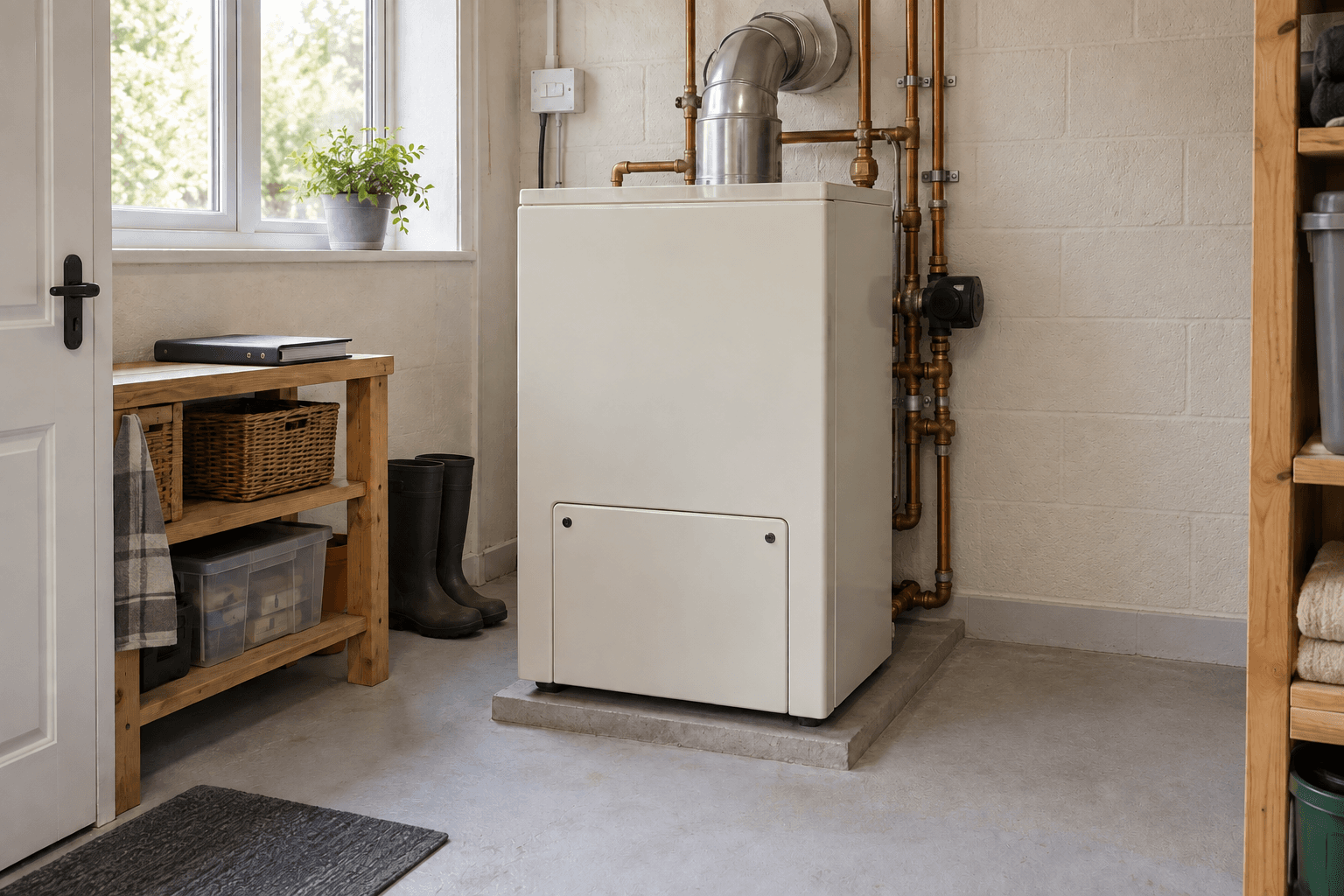 Floor-standing oil boiler with closed cream casing and a metal flue in a utility room